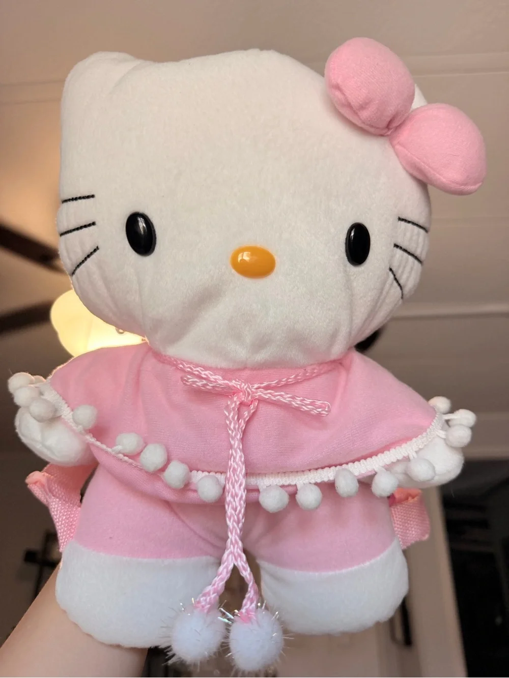 Vintage 2010 Sanrio Hello Kitty White & Pink Plush with Pom-Pom Cape 13“